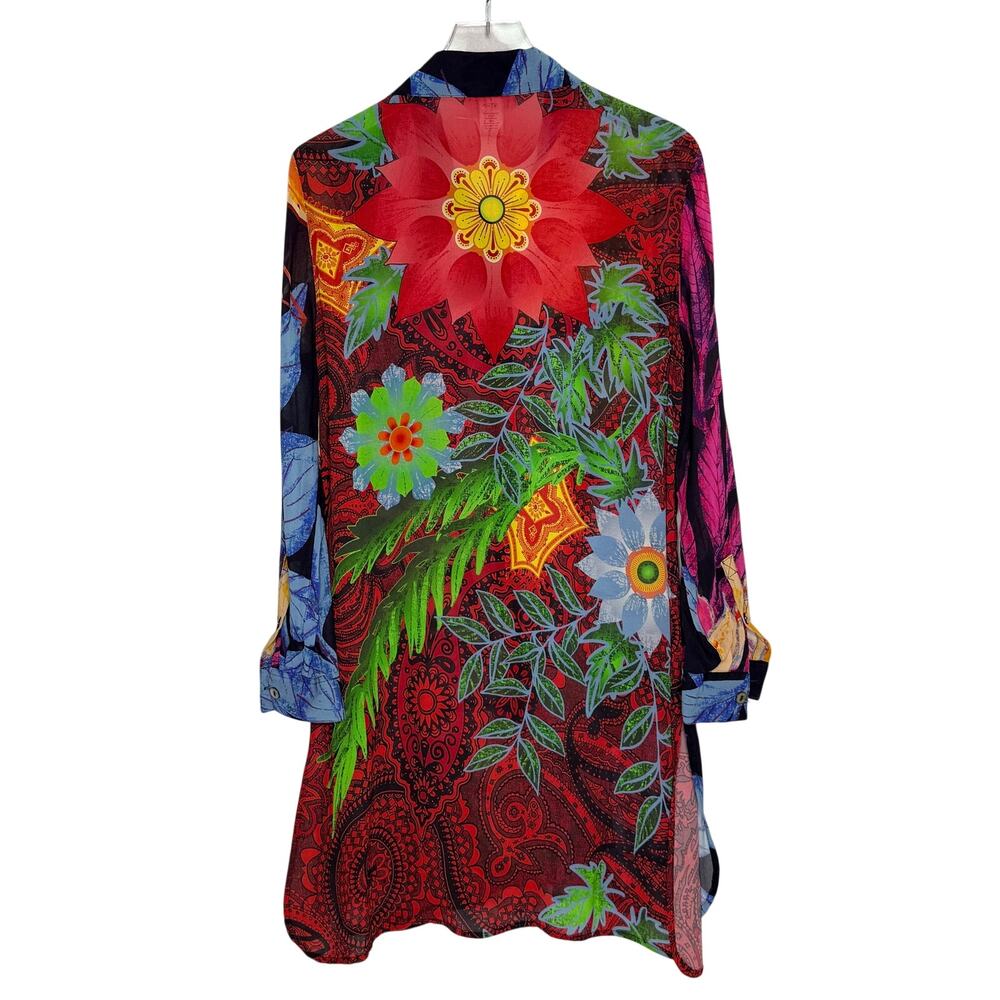 John Mark Boho Floral Tropical Button Down Tunic Shirt S Art to Wear Maximalist